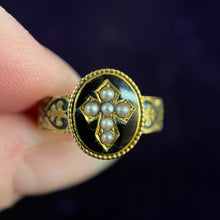 Load image into Gallery viewer, Victorian 15k Gold Mourning Ring with Hairwork, Black Enamel &amp; Pearls, Size 5.5