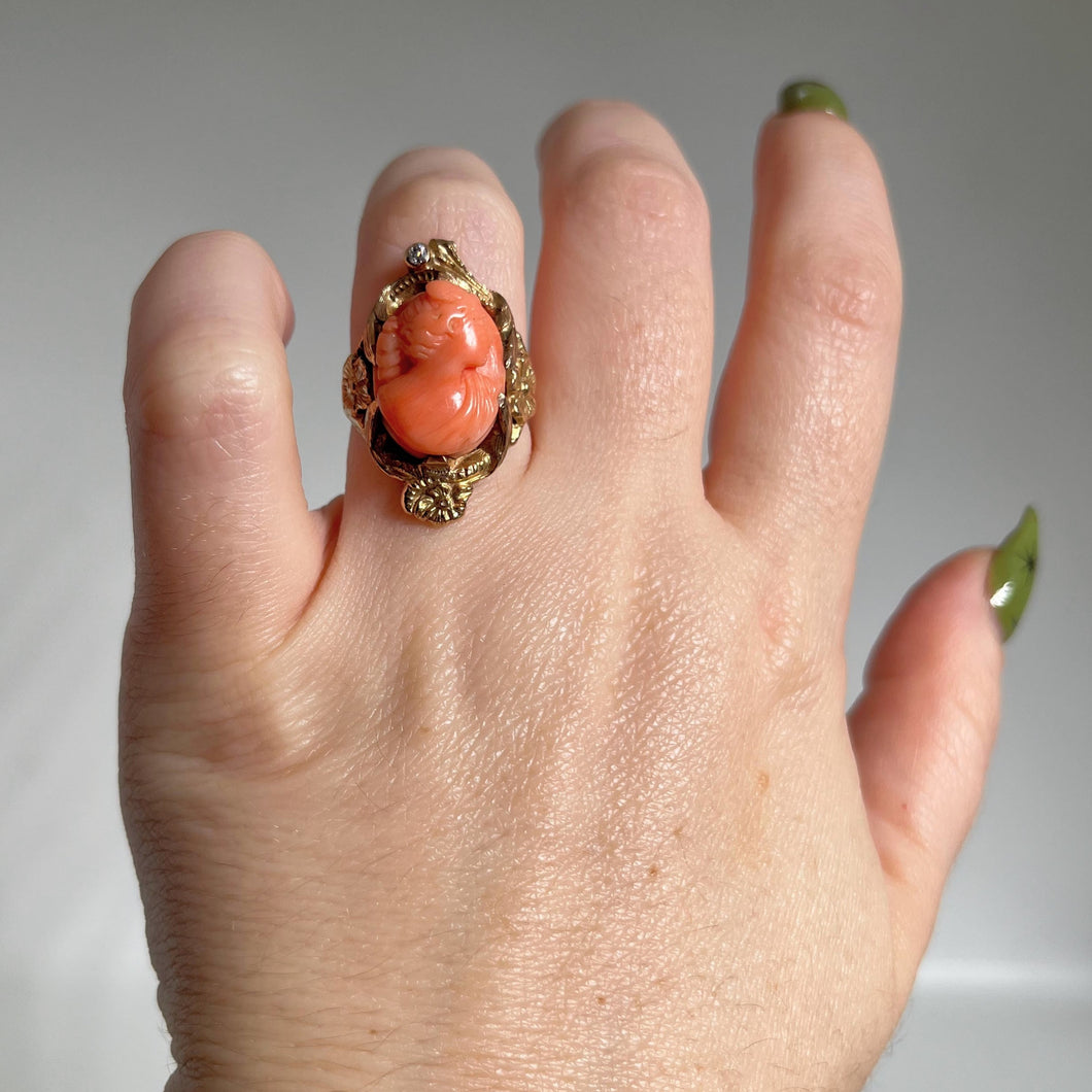 c. 1910s Coral Cameo 12k Gold Diamond Ring