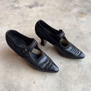 c. 1910s-1920s Black Leather Witchy Heels | Approx Sz 8.5-9