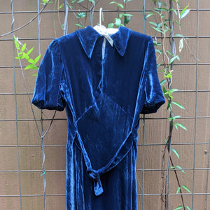 1930s Blue Velvet Bias Cut Gown | XS - S