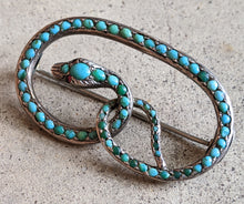 Load image into Gallery viewer, C. 1890s Silver Turquoise Snake Brooch