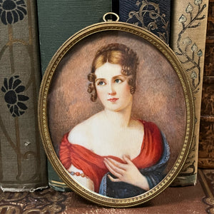 c. 19th Century Portrait Miniature | Lady in Red | Signed