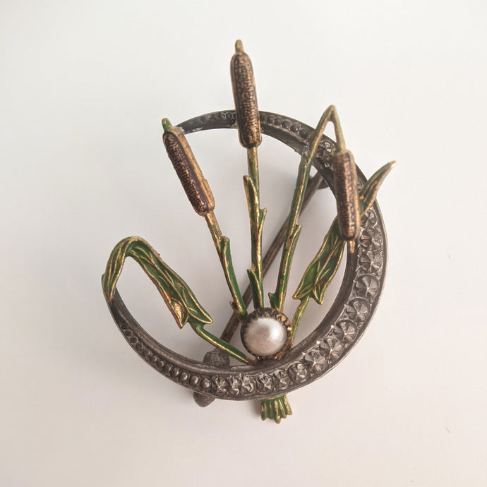 1910s Sterling Silver Crescent Moon + Reeds Brooch