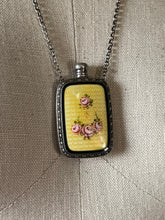 Load image into Gallery viewer, Art Deco Silver Guilloche Enamel Yellow Perfume Bottle Necklace