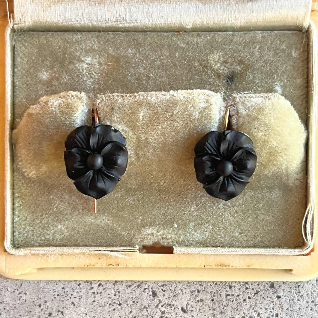 c. 1890s-1900s French Jet Pansy Earrings