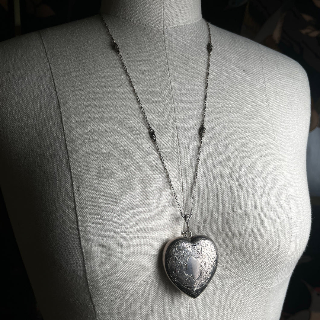 c. 1910s-1920s Sterling Silver Heart Compact Necklace
