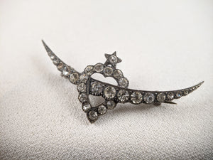 Victorian Silver Witch's Heart Crescent Moon Brooch