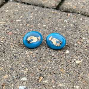 19th c. Blue Enamel 14k Gold Hand Earrings