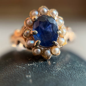 c. 1890s-1900s 12k Gold Sapphire Pearl Ring