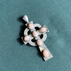 19th c. Silver Cross + Pink Shells Pendant