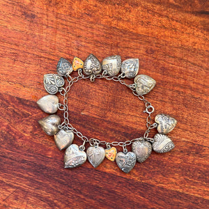 Sterling Silver Charm Bracelet with Edwardian + Victorian Puffy Hearts
