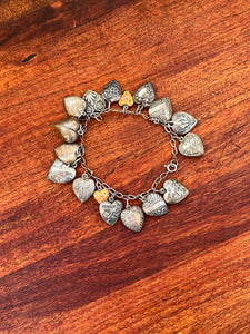 Sterling Silver Charm Bracelet with Edwardian + Victorian Puffy Hearts