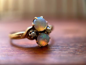 c. 1900s 14k Gold Opal + Seed Pearl Ring