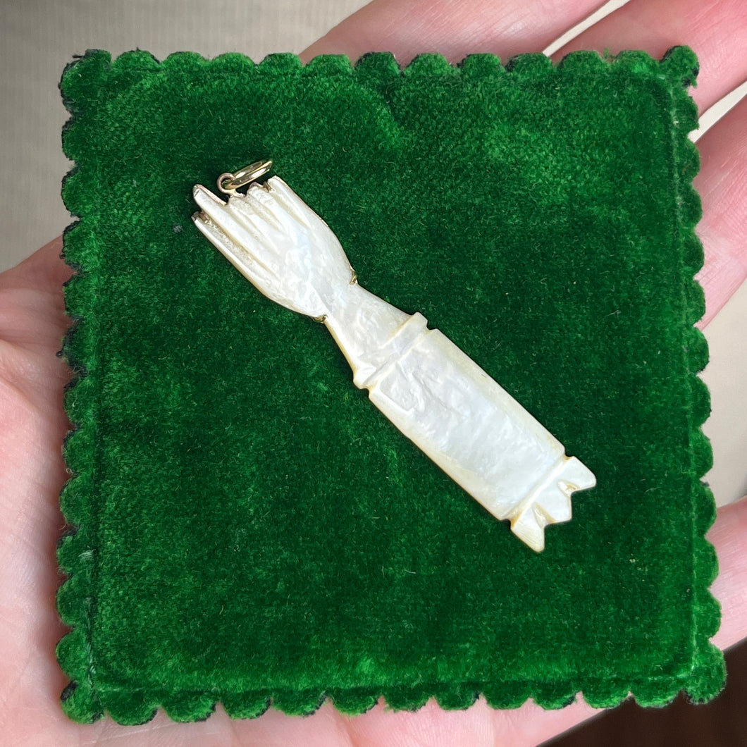 c. 1890s-1900s 14k Gold Mother of Pearl Hand Pendant