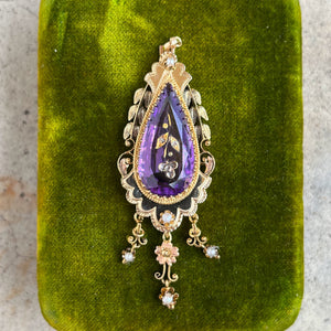 c. 1870s-1880s Rose of Sharon 14k Gold Amethyst Diamond Pendant