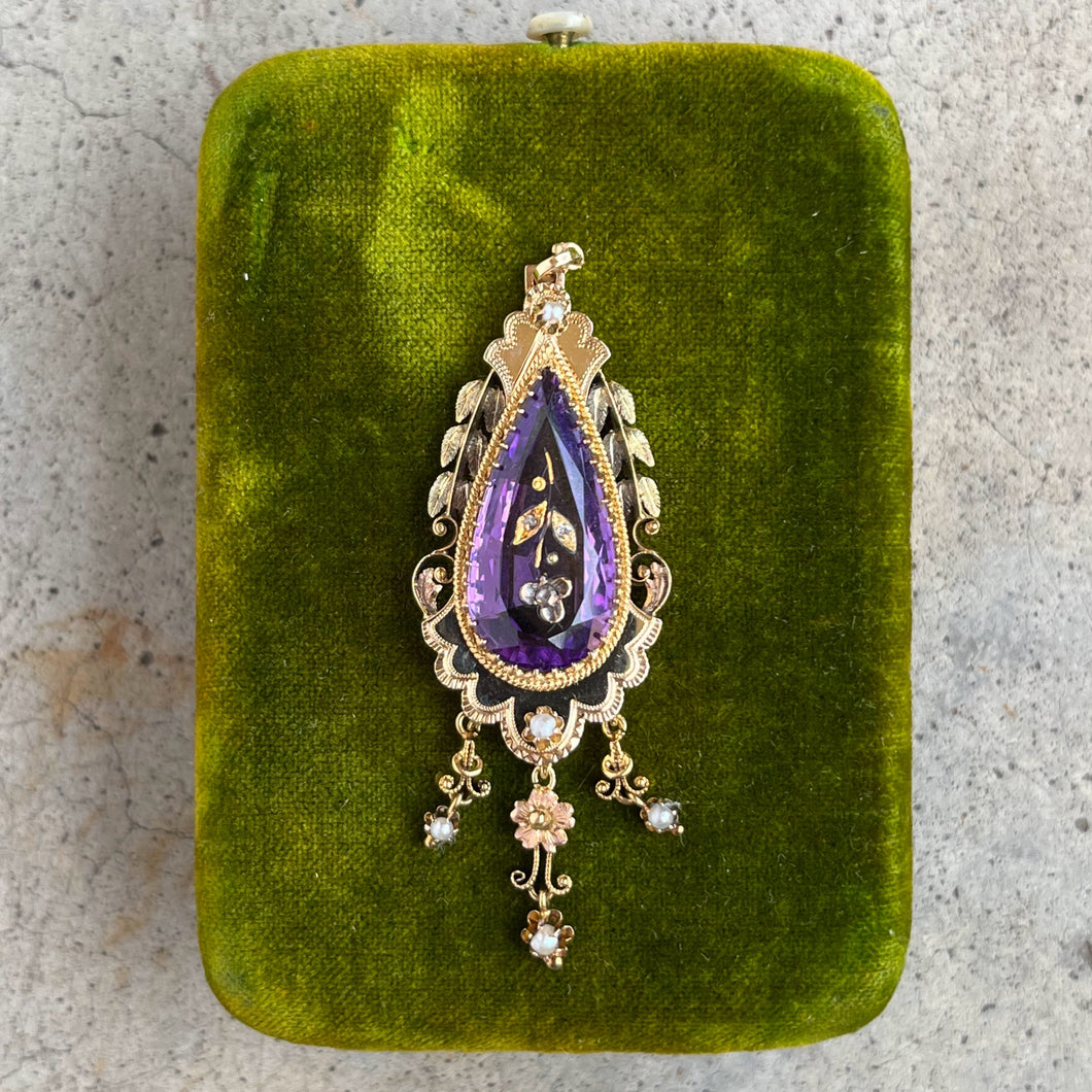 c. 1870s-1880s Rose of Sharon 14k Gold Amethyst Diamond Pendant