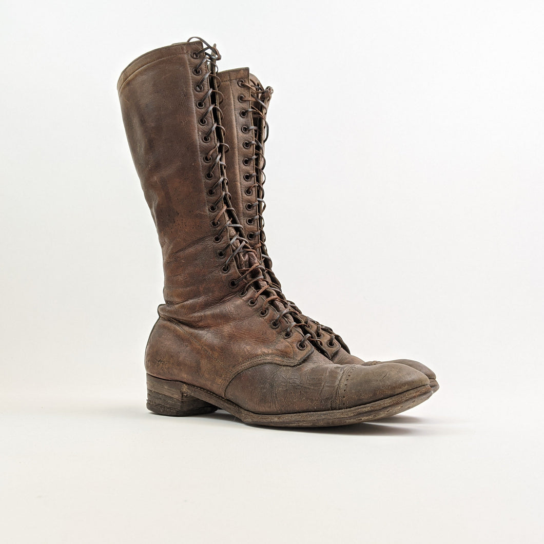 1900s-1910s Tall Brown Lace Up Boots | Approx Size 7-7.5