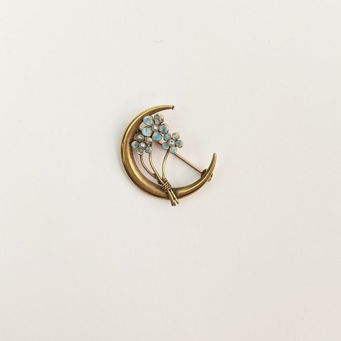 Crescent Moon Forget Me Not Brooch