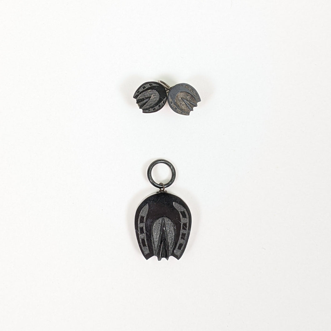 Carved Jet Horseshoe Demi-Parure Earrings + Pendant
