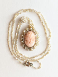 19th C. Seed Pearl Angel Skin Coral Cameo Necklace