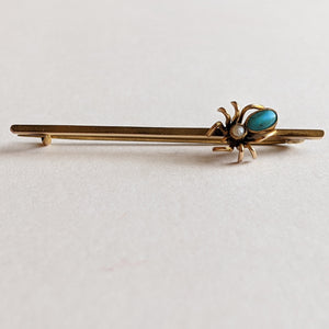 1900s 9k Gold Spider Brooch | Turquoise + Pearl