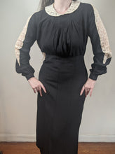 Load image into Gallery viewer, 1930s Black Rayon + Lace Dress