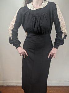 1930s Black Rayon + Lace Dress