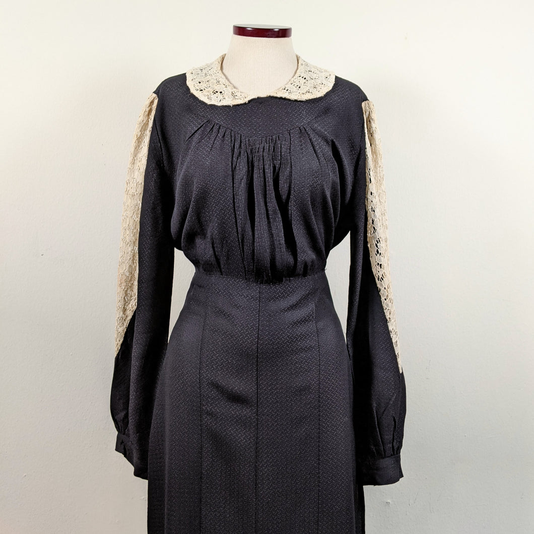 1930s Black Rayon + Lace Dress