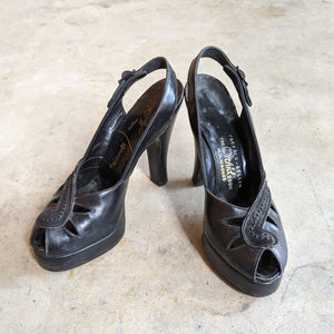 1940s Black Platform Peep Toe Heels | Sz 6N