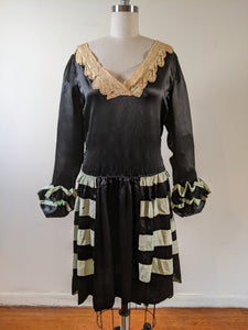 1920s Black + Green Striped Silk Dress