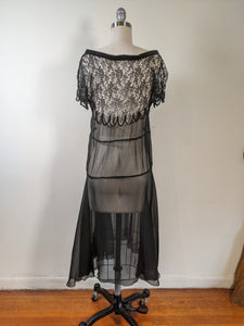 1920s Black Silk Chiffon + Lace Dress
