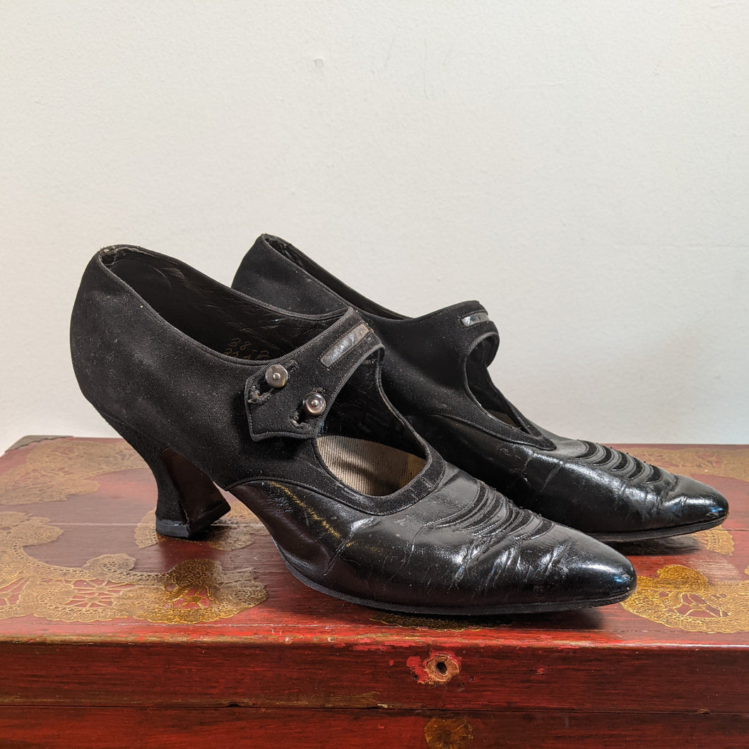 c. 1910s-1920s Black Suede Heels | Approx Sz 8