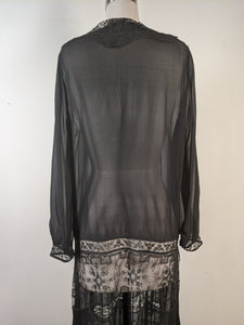 1920s Sheer Black Chiffon + Lace Dress