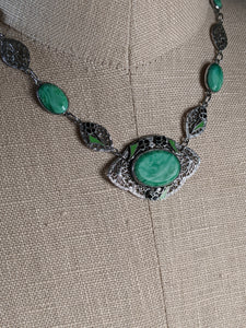 Art Deco Green Glass Rhodium Plated Necklace