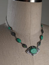 Load image into Gallery viewer, Art Deco Green Glass Rhodium Plated Necklace