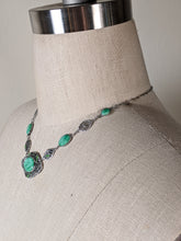 Load image into Gallery viewer, Art Deco Green Glass Rhodium Plated Necklace