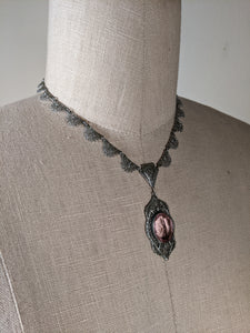 Art Deco Rhodium Plated Necklace Purple Glass Stone