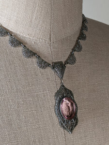 Art Deco Rhodium Plated Necklace Purple Glass Stone