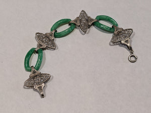 Art Deco Green Glass Rhodium Plated Bracelet