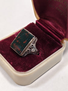 Abraham and Straus Art Deco 10k White Gold Bloodstone Ring | Sz 6.5