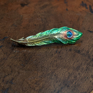 Art Nouveau 14k Gold Enamel Peacock Feather Brooch