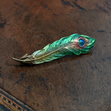 Load image into Gallery viewer, Art Nouveau 14k Gold Enamel Peacock Feather Brooch