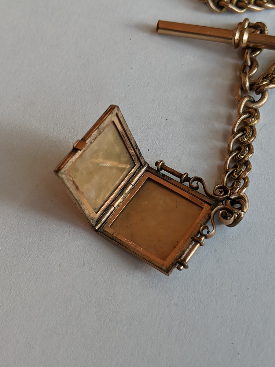 19th c. Gold Filled Short T-Bar Watch Chain + Locket | 12.5
