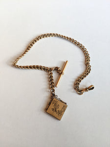 19th c. Gold Filled Short T-Bar Watch Chain + Locket | 12.5"