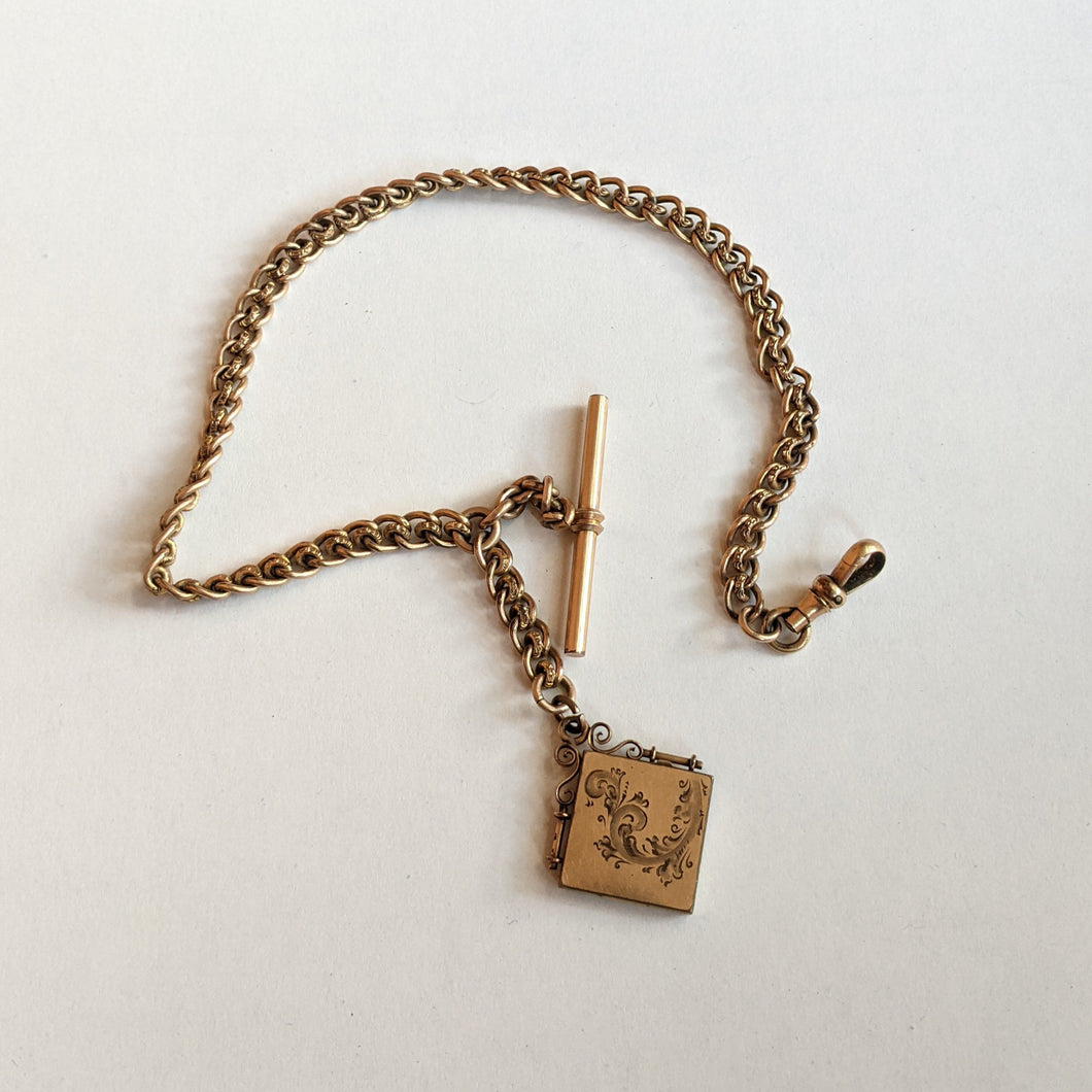 19th c. Gold Filled Short T-Bar Watch Chain + Locket | 12.5