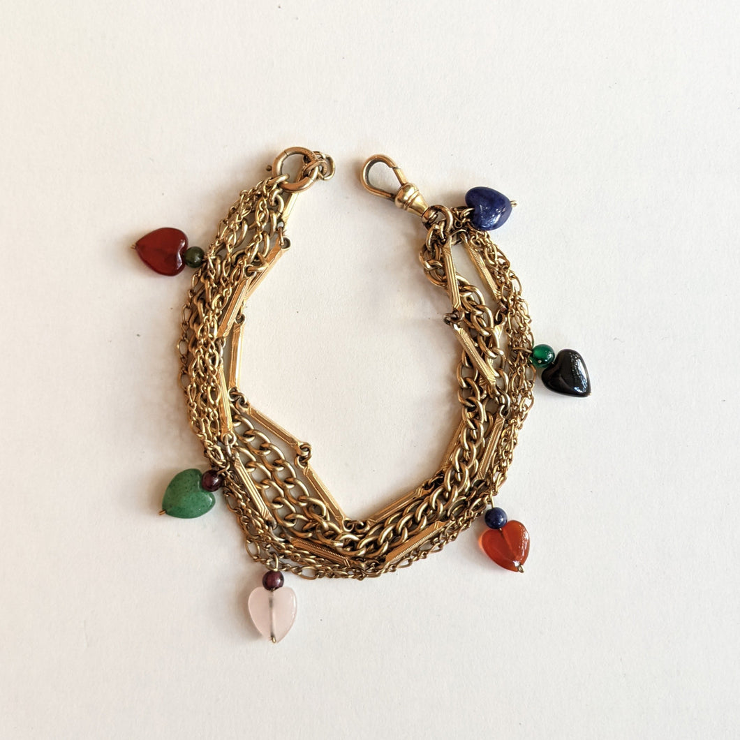 Gold Filled Watch Chain Bracelet w/ Heart Charms