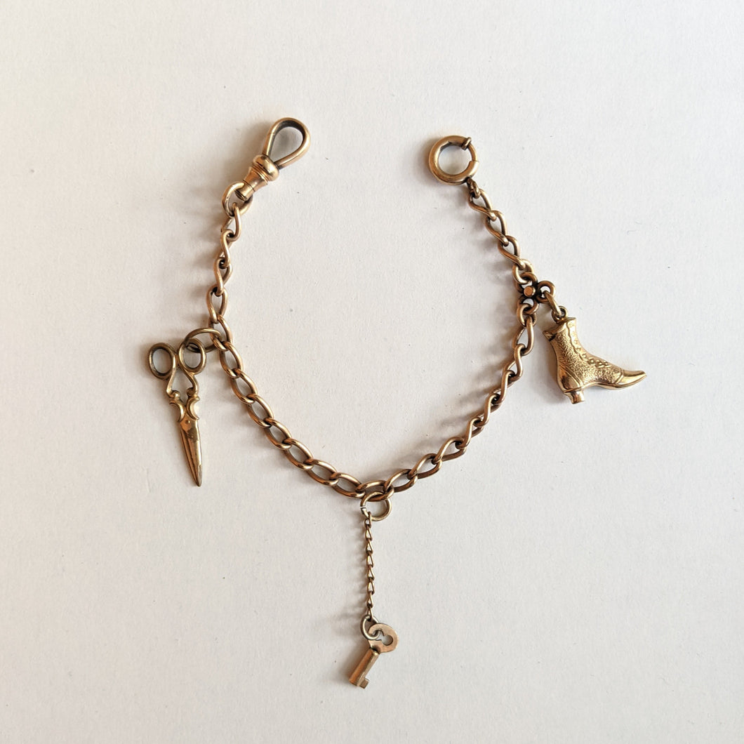 Gold Filled Charm Bracelet | Boot, Scissors, Key