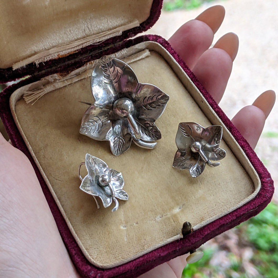 RESERVED | c. 1890s Ivy Leaf Earrings + Brooch Set
