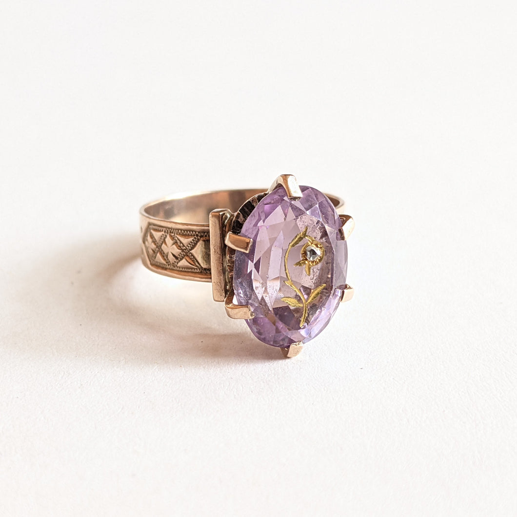 c. 1880s 14k Gold Rose of Sharon Ring | Diamond Encrusted Amethyst
