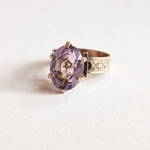 c. 1880s 14k Gold Rose of Sharon Ring | Diamond Encrusted Amethyst